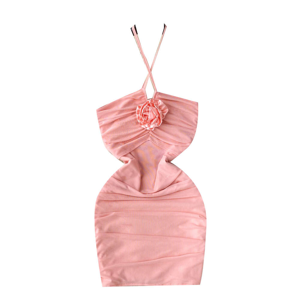 Hanging Neck Dress for Women Xia Xiaozhongs 3D Flower Heart Craft Pleated Slim Fit Short Sexy Wrapped Hip Skirt Short Skirt Fashion