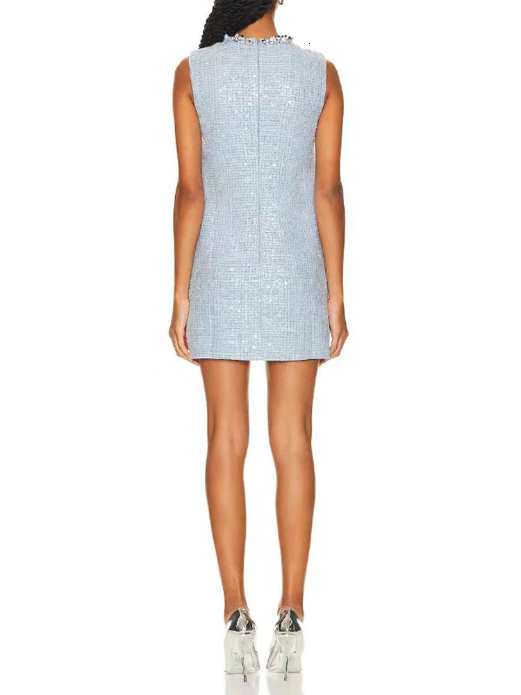Diamonds Round Neck Sleeveless Tweed Sequins Womens dresses Light Blue Chic Sexy Hollow Out Short Dresses Spring 240529