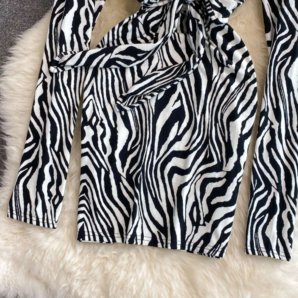 2021 autumn new style deep V-neck zebra long sleeve slim wrap hip dress womens tight bottomed skirt