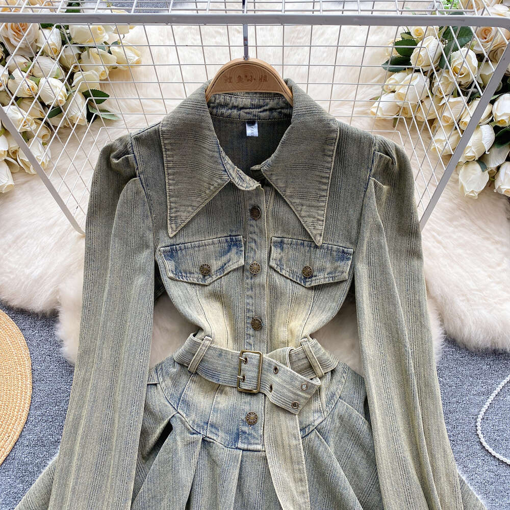 American style denim skirt design with a fake two piece waist up slimming pleated A-line skirt short style elegant dress
