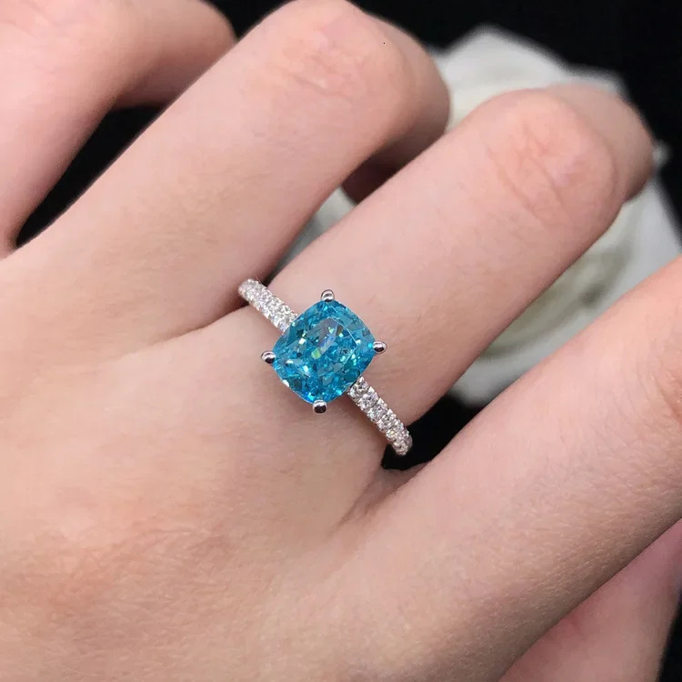 Solid 14K White Gold AU585 Platinum PT950 Simple four claw colorful rectangular aquamarine ring hand jewelry 240601