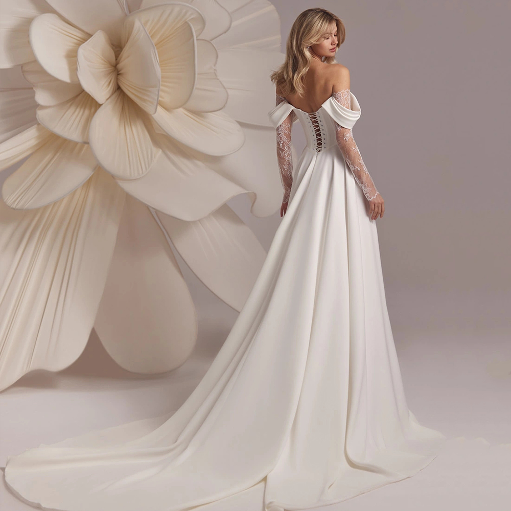 Exquisite Lace Side Split A Line Wedding Dress Bridal Gown Off the Shoulder Long Sleeve Satin Wedding Gown Robe De Mariage
