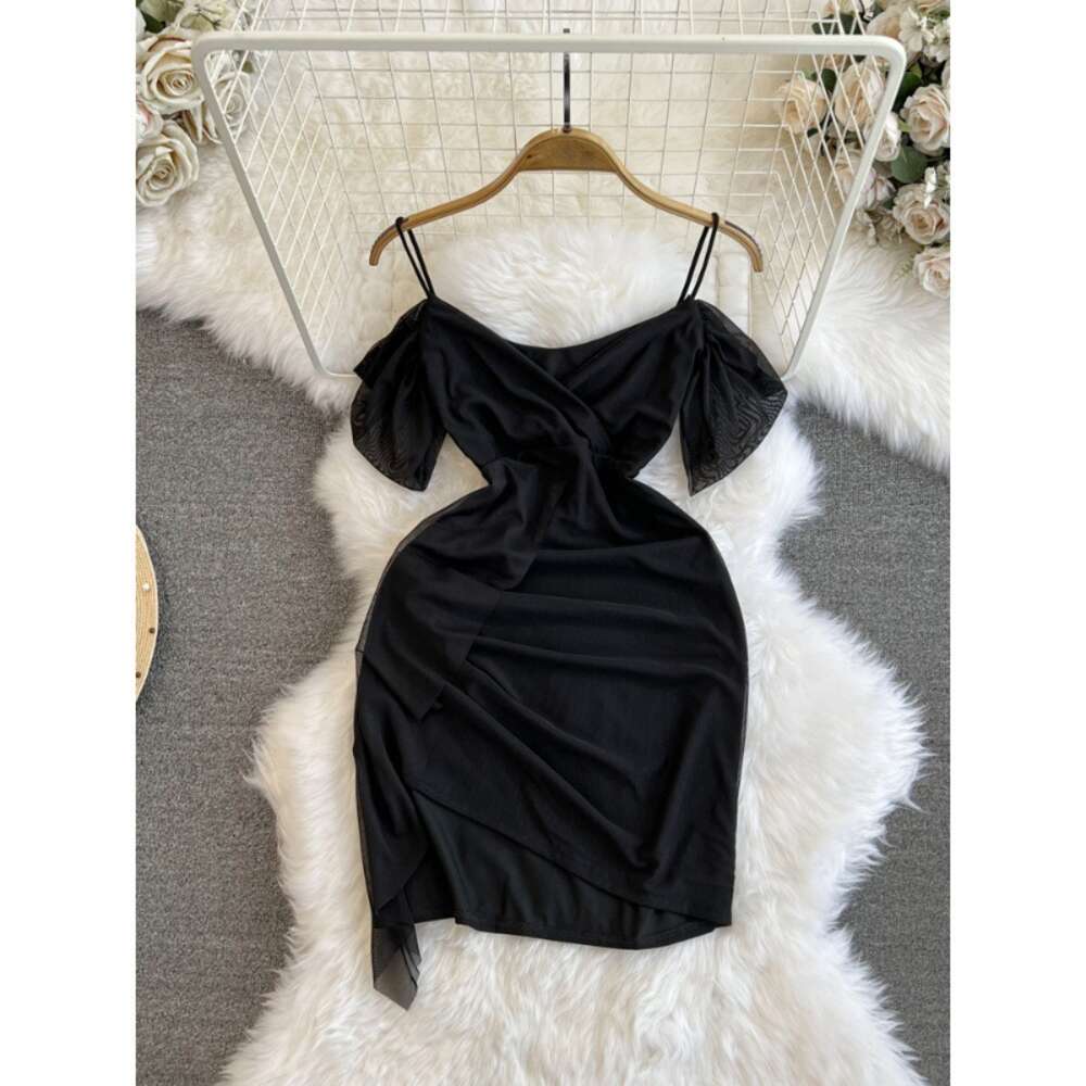 Summer Fashion Nightclub Sexy V-neck Low cut Waist Slim Look Short Style Slim Hanging Strap Hip Wrap Bottom Mesh Dress for Women