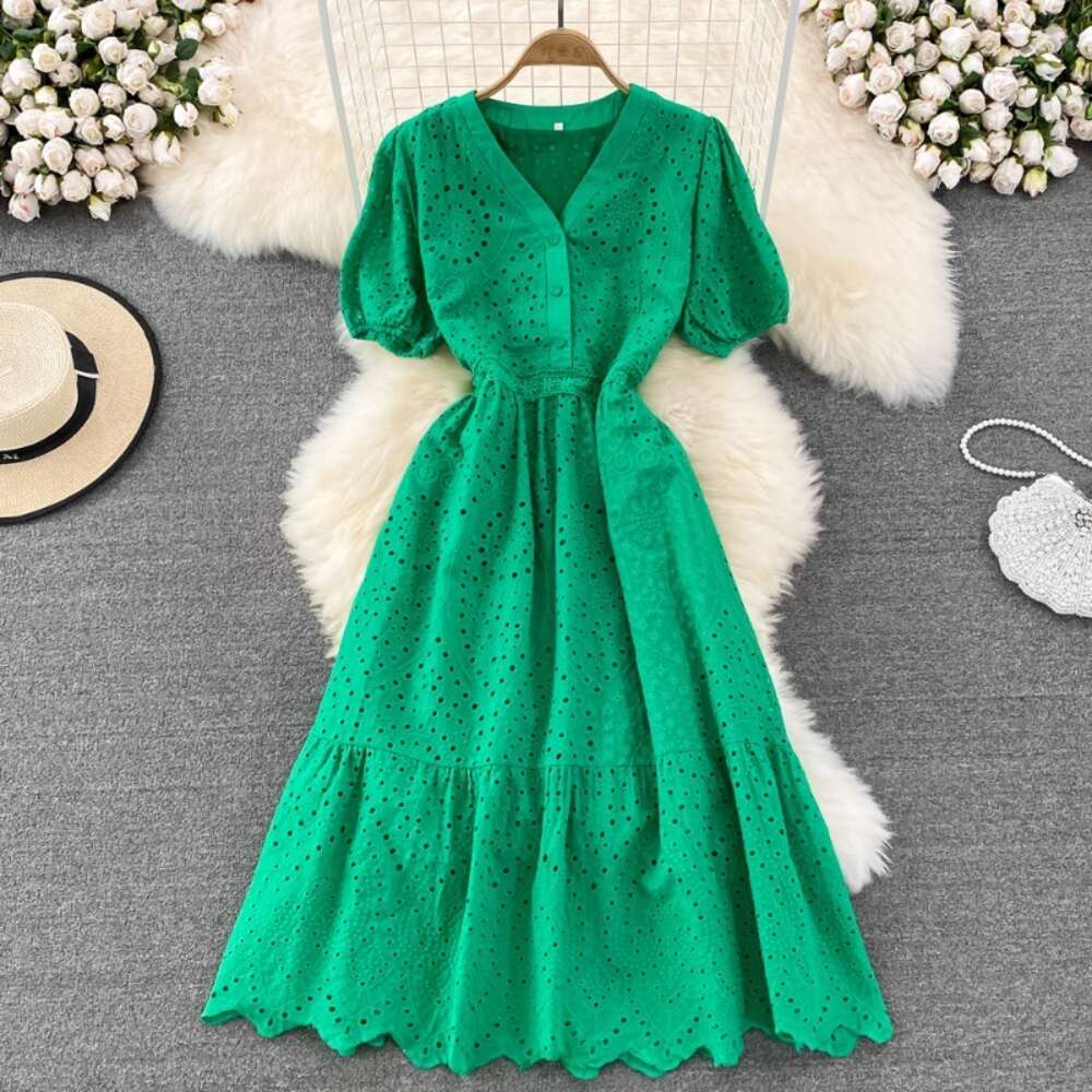 2023 Summer Elegant V-Neck Hook Flower Hollow Waist A Line Dress Elegant Beach Vacation Swing Long Dress