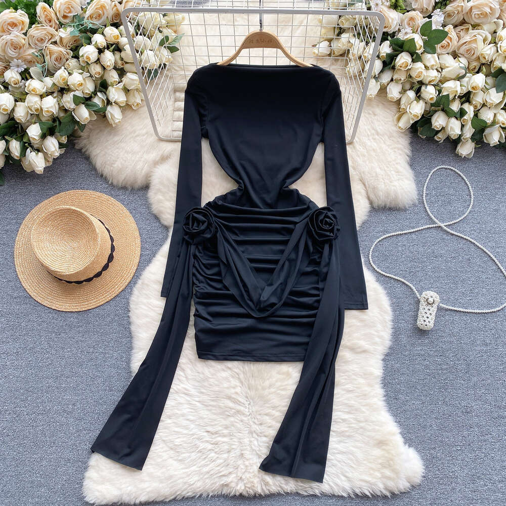 Womens clothing design with three-dimensional floral pleats waist closure slimming effect sexy buttocks wrapped skirt long sleeved dress womens trend