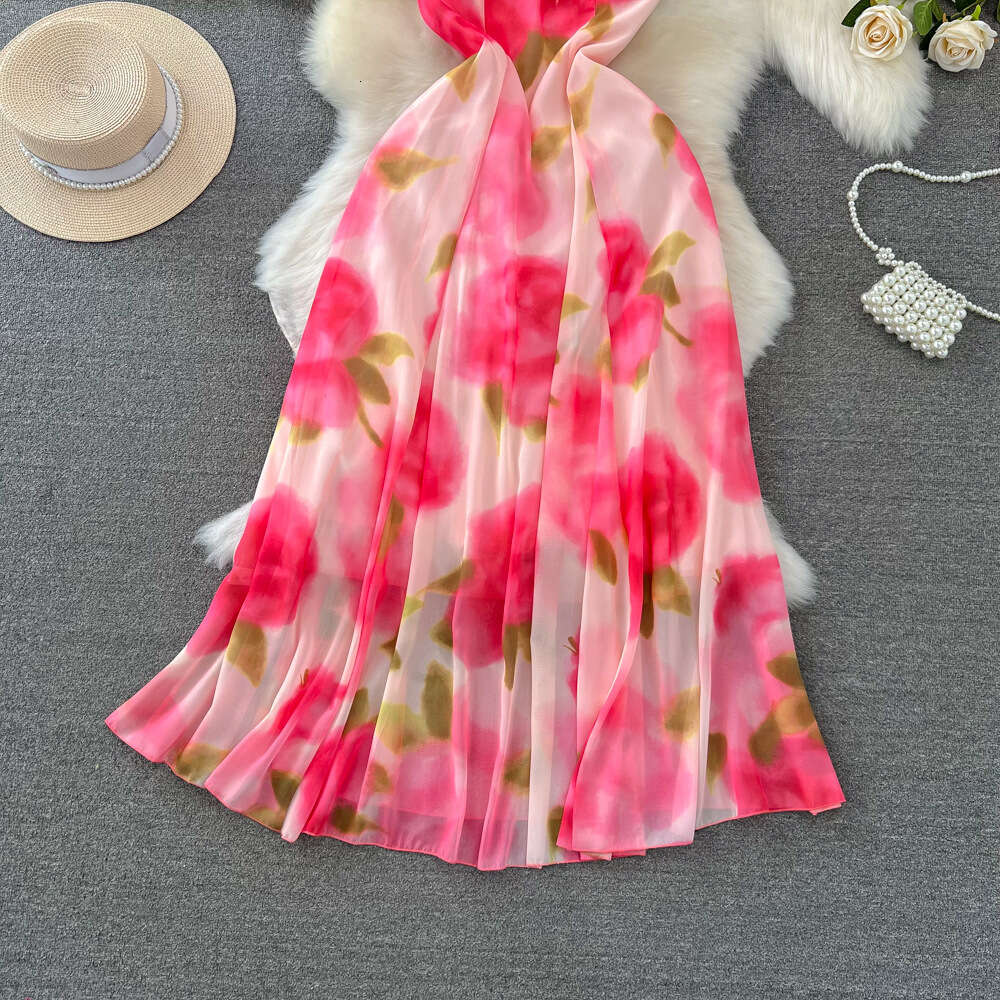 Gentle and socialite temperament slim waist and split A-line printed chiffon suspender dress seaside vacation long dress