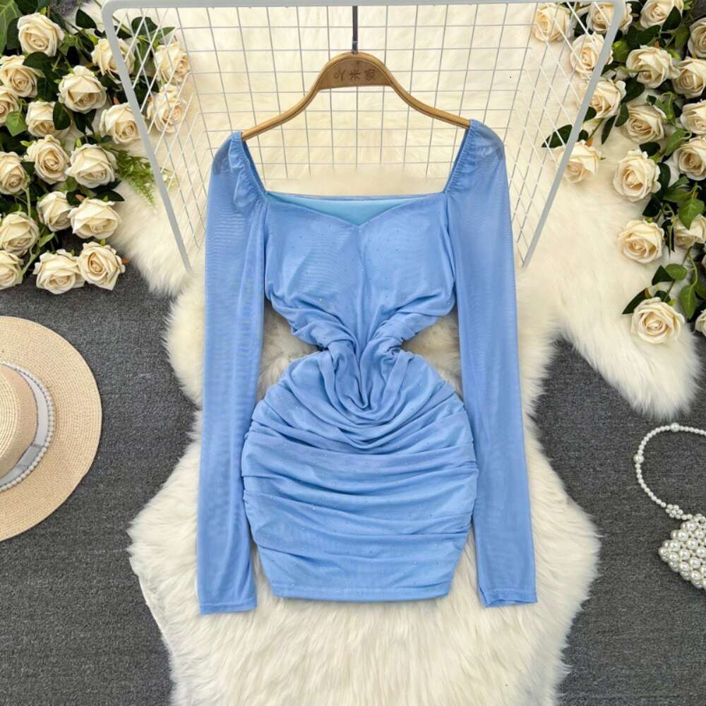 Spring and Autumn Fashion Celebrity Style Long sleeved Square Neck Waist Wrapped Slim Short Style Diamond Mesh Wrapped Hip Bottom Dress