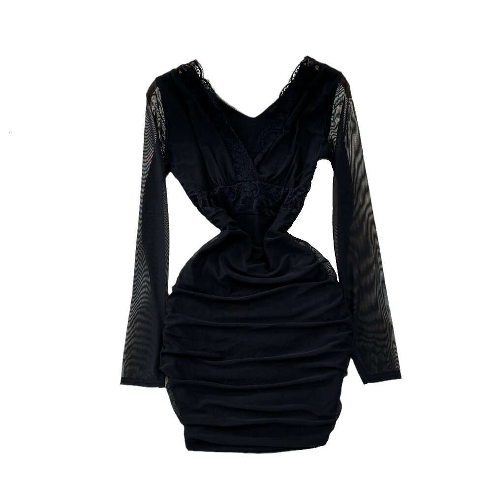 Celebrity Temperament Sexy Nightclub Deep V Lace Hooked Flower Splice with Waist Closure for a Slim and Short Fit Hip Wrap Dress