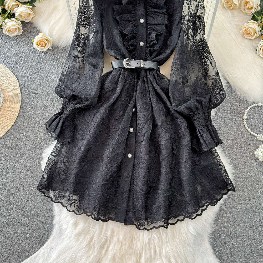 High end light luxury socialite temperament lantern long sleeved lapel waistband slimming effect single breasted A-line embroidered dress for women