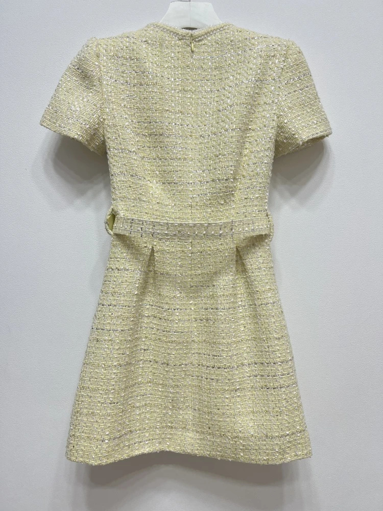 Womens Tweed Sequin Mini Dress Temperament Yellow Square Collar Short Sleeve High Waist Zipper Female Robe with Belt 240529