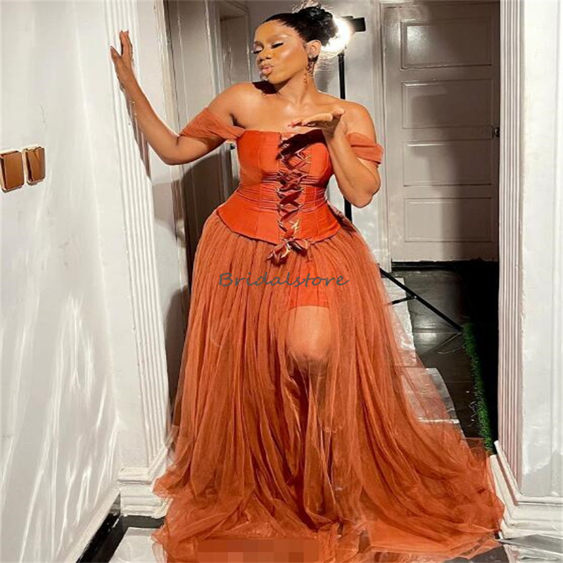 Sexy Tan Black Girls Prom Dresses Off Shoulders Plus Size Corset Evening Dress Aso Ebi Birthday Second Party Reception Formal Occasion Party Gowns 202