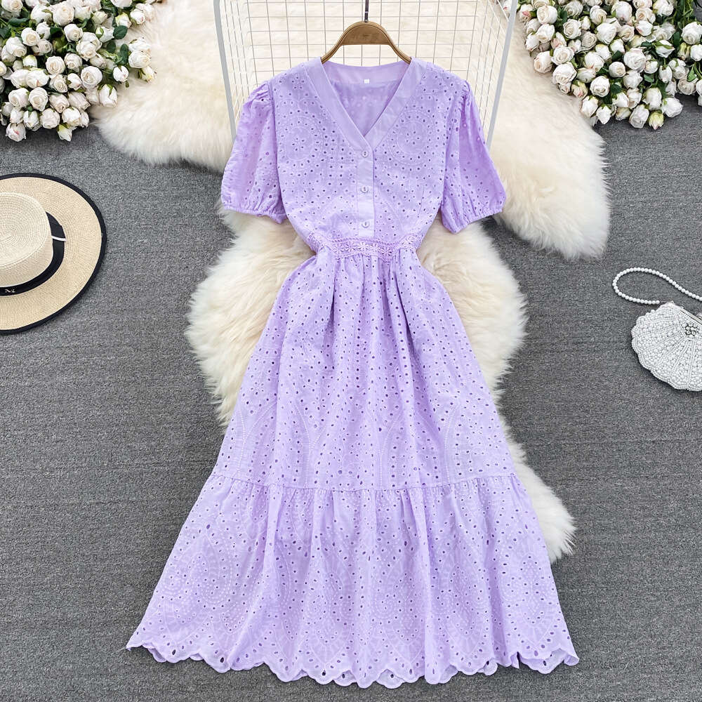 2023 Summer Elegant V-Neck Hook Flower Hollow Waist A Line Dress Elegant Beach Vacation Swing Long Dress