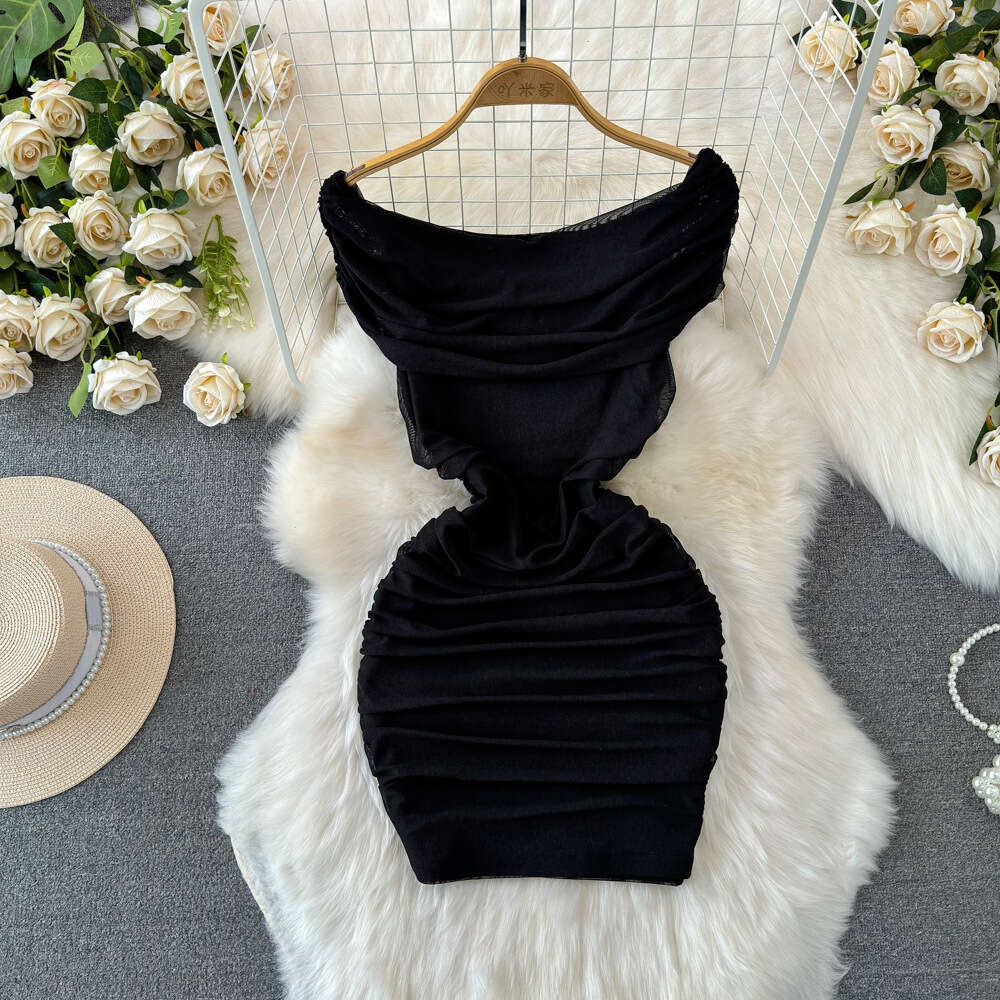 Summer Fashion Celebrity Elegance One Shoulder Off Shoulder Folded Waist Slim Wrapped Hip Mesh Bottom Dress