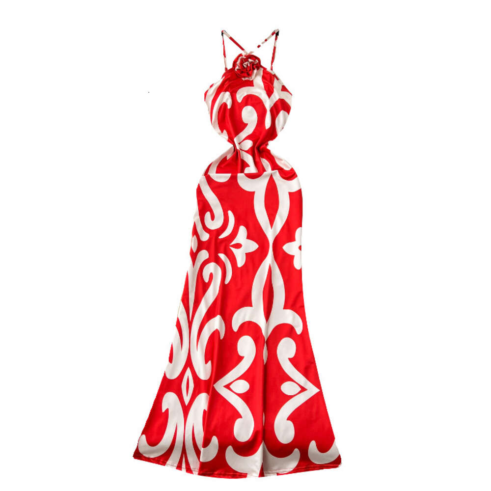 High end dress with a sense of luxury high-end design printing slim fit long and sexy hanging neck strap dress for women