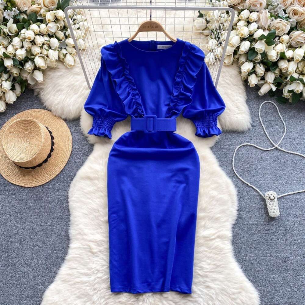 Commuter womens 2024 new early spring dress womens sweet ruffled edge slim fit mid length style temperament buttocks wrapped skirt