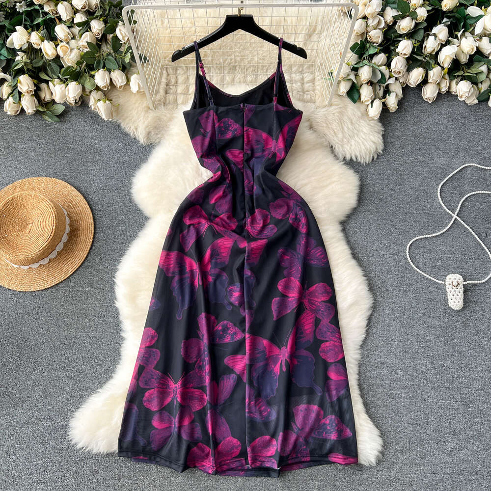 Tea break French style dress for women with butterfly print pleated waist slimming effect high-end sense suspender dress
