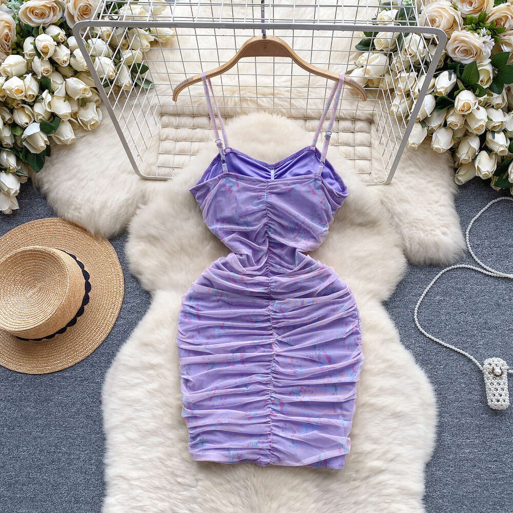 Purple dress for womens Instagram pure desire style slim fit strapless suspender pleated wrap buttocks skirt mesh spicy girl skirt