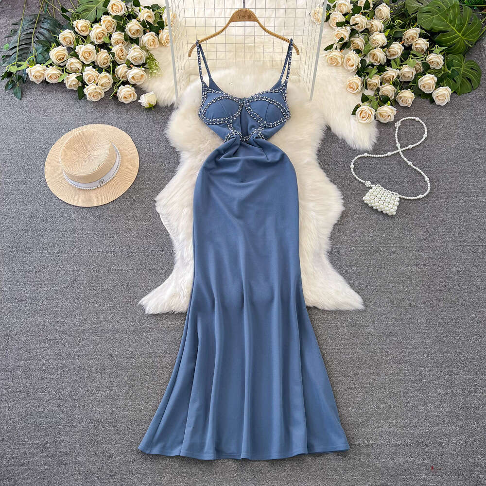 High end evening dress female socialites temperament sexy diamond embellishment strapless waist slimming suspender fishtail host dress