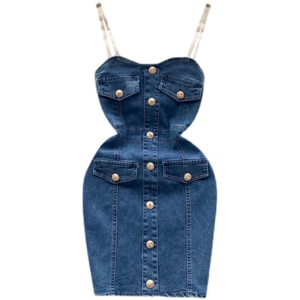 Denim buttocks skirt summer new sexy off shoulder slim fit short and niche design single breasted dress trend