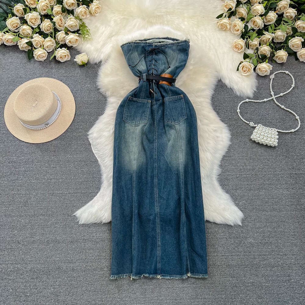 Summer American design feeling strapless waist slimming effect medium length version A-line tassel with raw edges denim dress for women