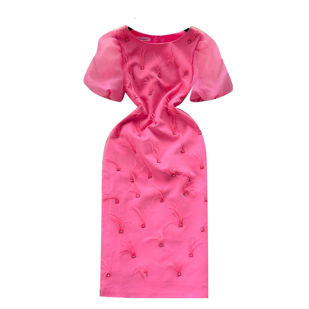 French haute couture heavy work nail diamond feather tassel round neck dress for women to show slimming temperament bubble sleeve dress long skirt