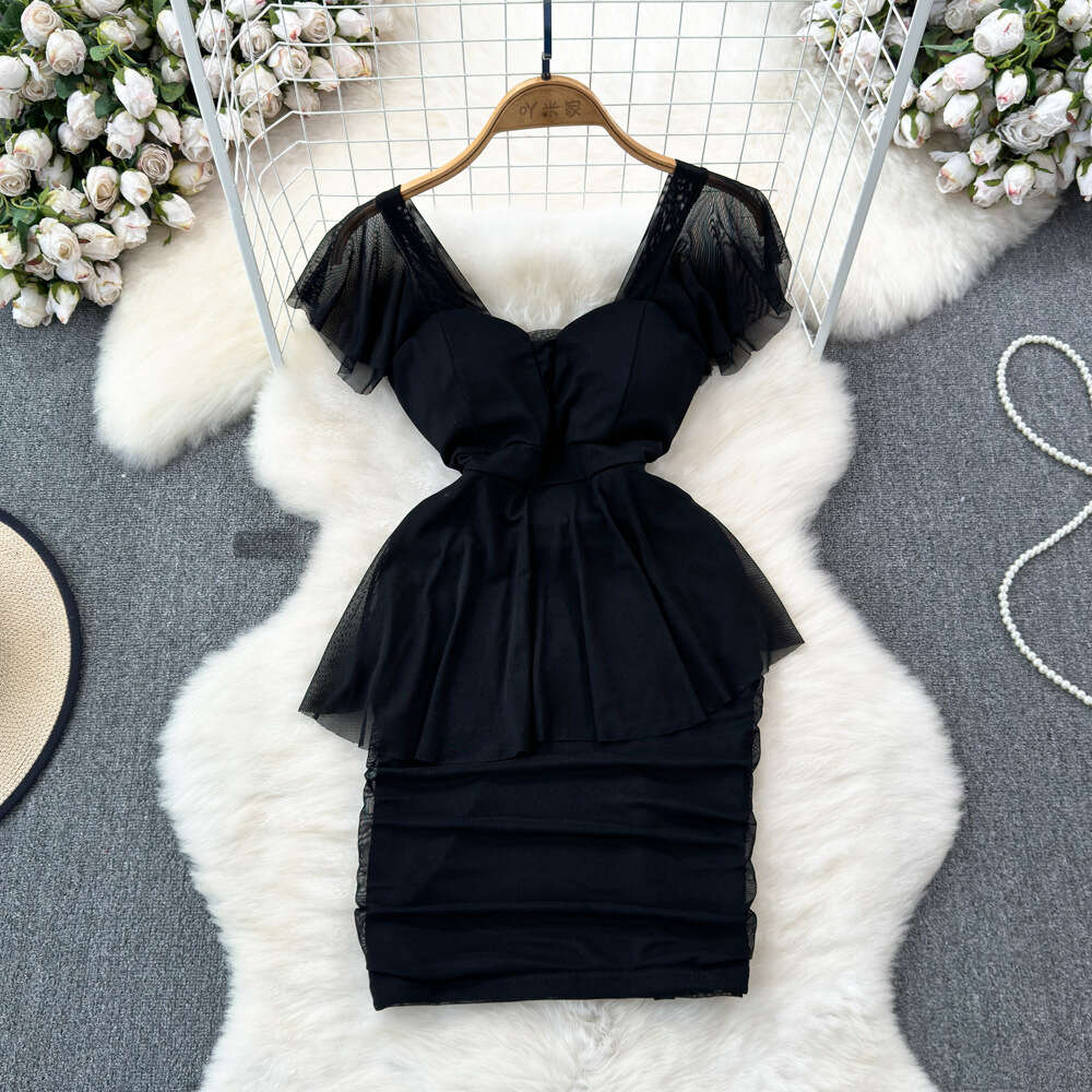 Summer Fashion Celebrity Style Lotus Leaf Sleeves Square Neck Waist Slim Wrap Hip Ruffle Edge Mesh Bottom Dress for Women