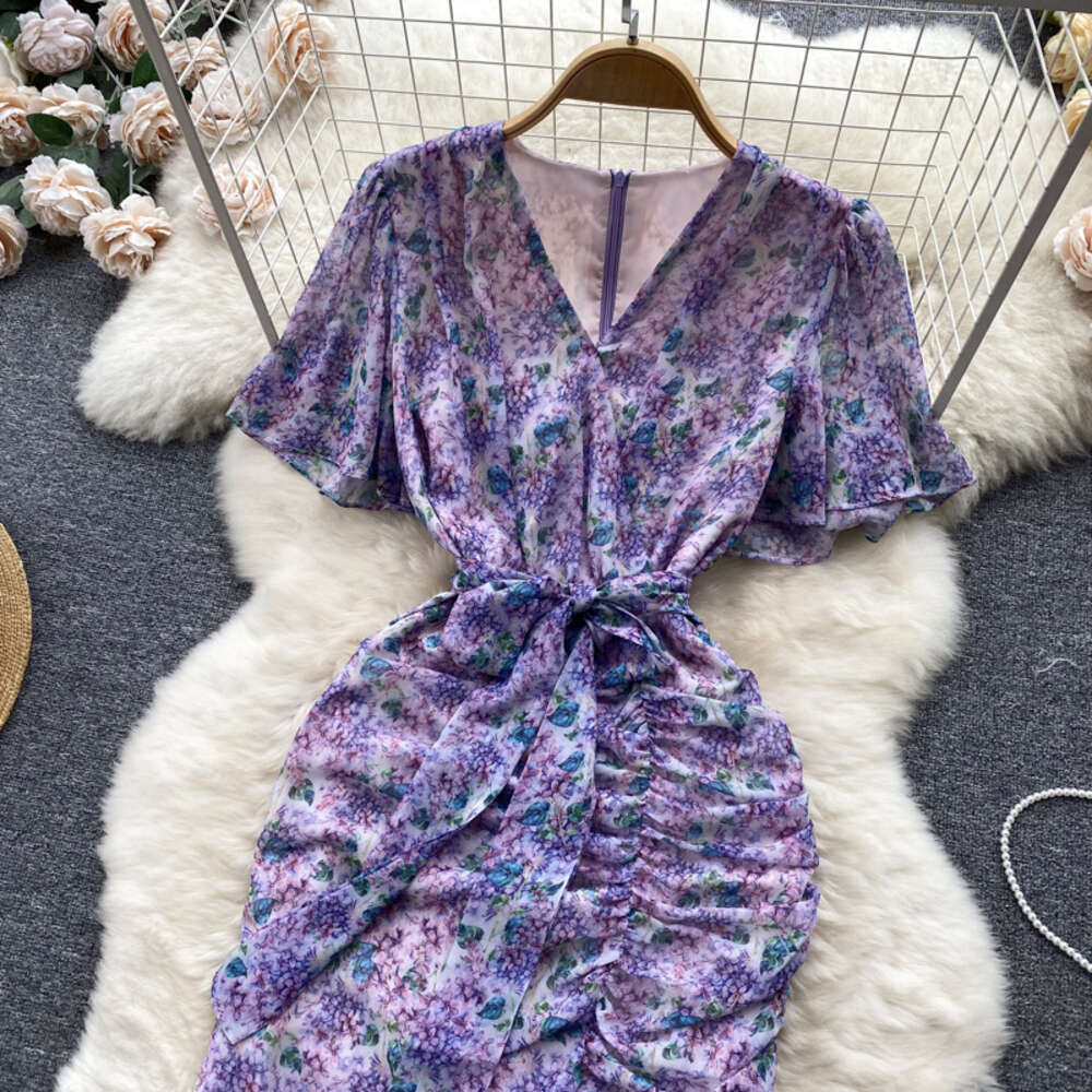 French gentle style high-end floral dress womens design sense pleated slim fit buttocks split fishtail skirt long skirt