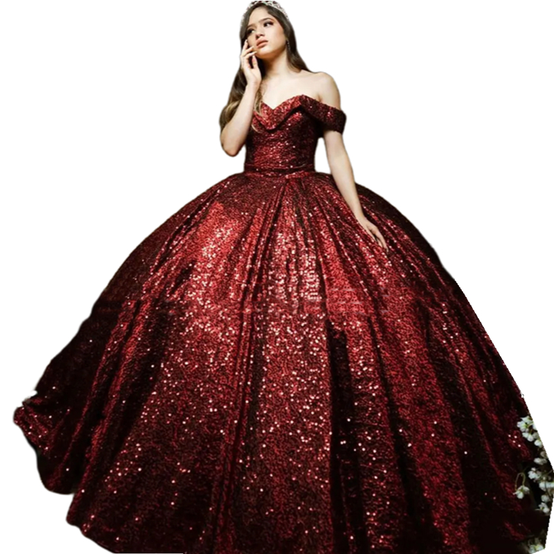 Sparkly Quinceanera Dresses 2024 Vestidos De 15 Quinceanera Off The Shoulder Wine Red Sequined Sweet 16 Dress Birthday Party Ball Gown Lace Up
