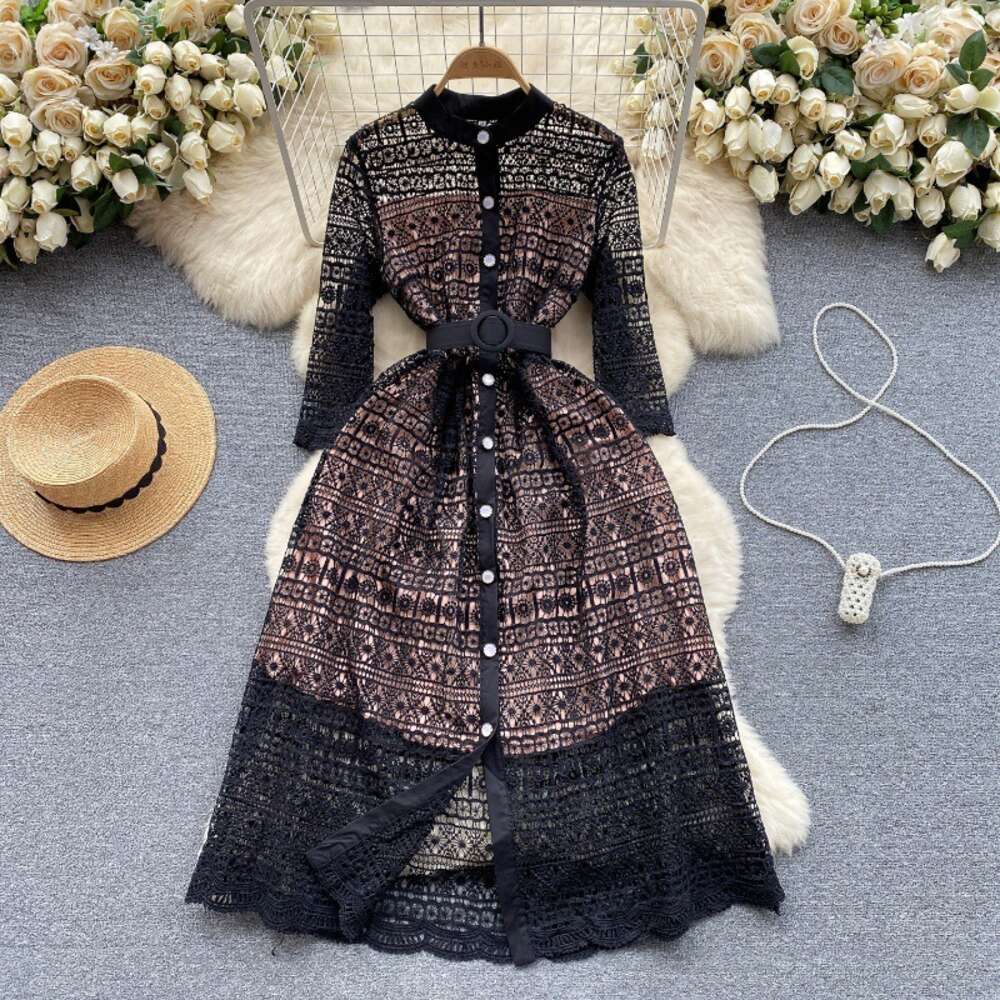 Light mature style womens clothing high-end feeling early spring dress womens design feeling hollowed out lace medium length French formal dress skirt