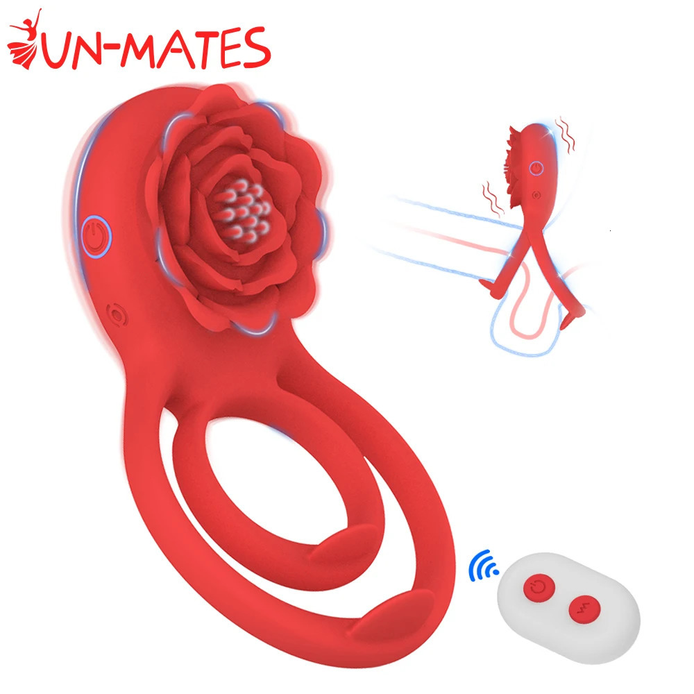 Vibrating Cock Ring with Rose Clitoral Stimulator Delayed Ejaculation Penis Rings Vibrator Couples Adult Sex Toys for Men Women 240603