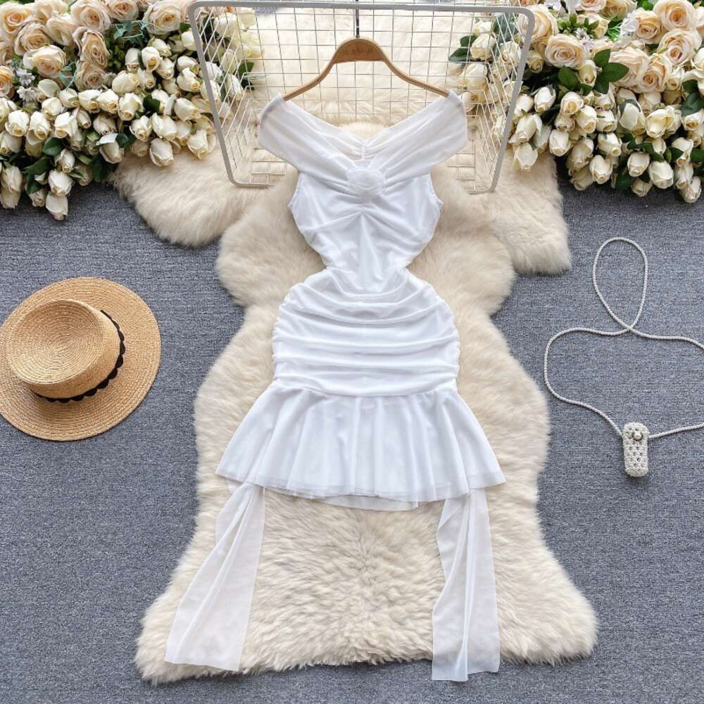 Pure desire dress womens design sense three-dimensional flower one line collar off shoulder pleated mesh slim fit short ruffle edge skirt