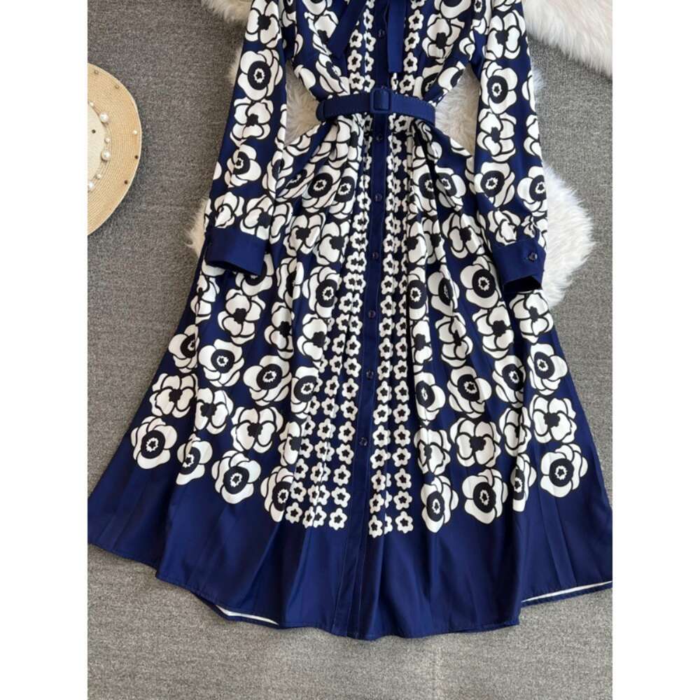 Fashionable luxury and socialite temperament long sleeved lapel waistband slimming effect single breasted A-line positioning printed large hem dress