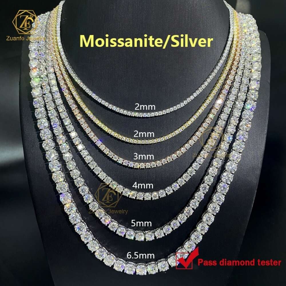 Tennis Chain moissanite chain Pass diamond Tester Hip Hop 925 Sterling Silver 2mm 3mm 4mm 5mm 6.5mm VVS Diamond Necklace