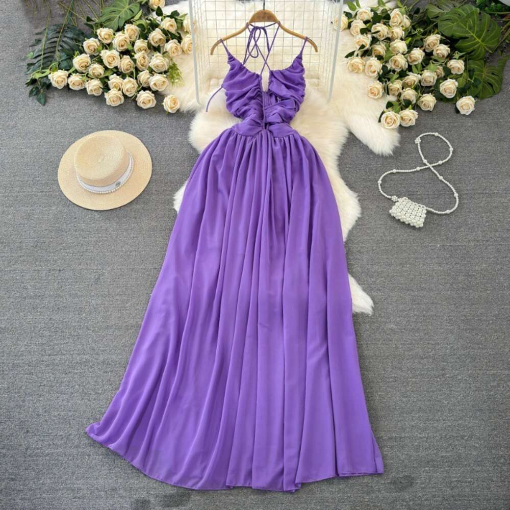 Gentle style hanging neck exposed back waist slimming A-line large hem dress seaside vacation beach dress elegant long skirt
