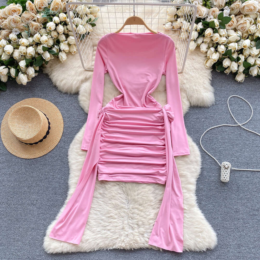 Womens clothing design with three-dimensional floral pleats waist closure slimming effect sexy buttocks wrapped skirt long sleeved dress womens trend