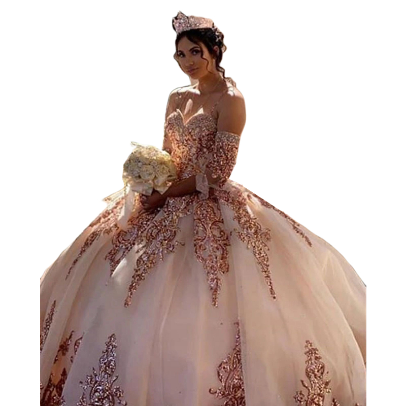 Blush Pink Princess Quinceanera Dresses Sequins Lace Ruffled Ball Gown Sweet 16 Dress Birthday Party Gowns Detachable Long Sleeves Sweetheart Vestido 