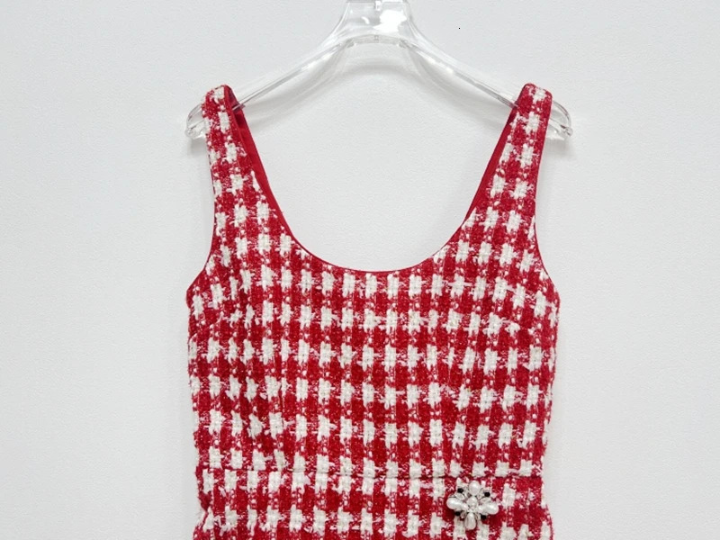 Arrive Red And White Plaid Tweed Women Mini Dress Sleeveless Slit Hem Lady Tank Dress 240529
