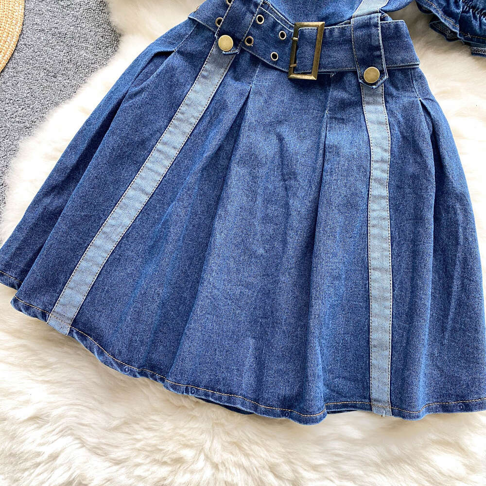 Special Offer - Off the Shoulder Hanging Neck Bubble Sleeves Denim Dress for Womens Summer New Spicy Girl Waist Collection A-line Hundred Pleated Shor