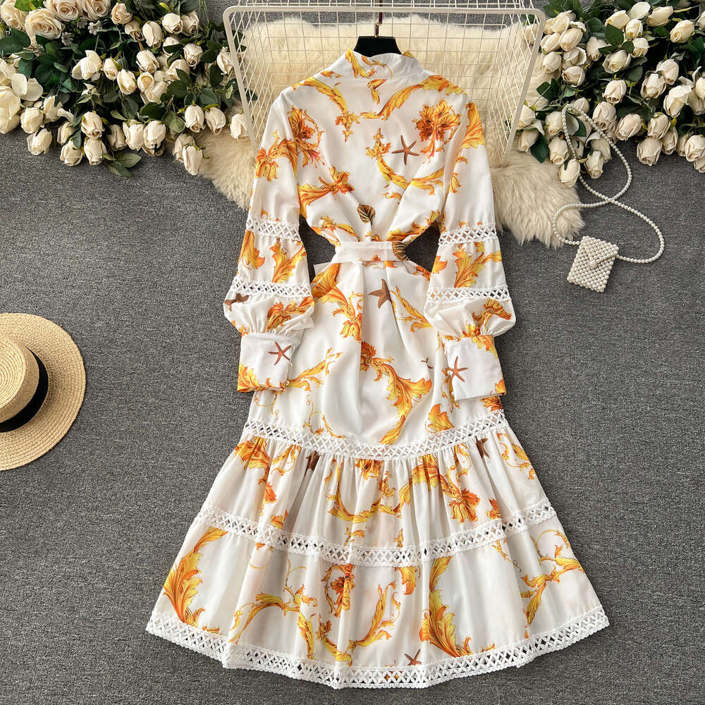 Early Spring Dress for Women 2024 New French Design with Printed Hollow out Spliced Bubble Sleeves Dress