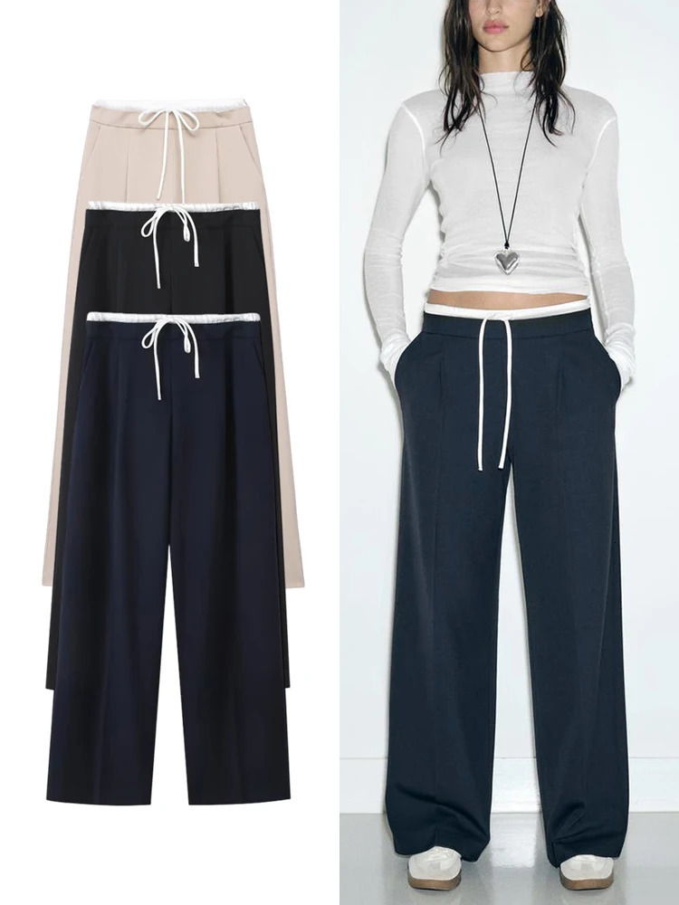 TRAF Womens Double Layer Waist Casual Wide Leg Pants versatile fashion straight trousers Elegant womens clothing 240603