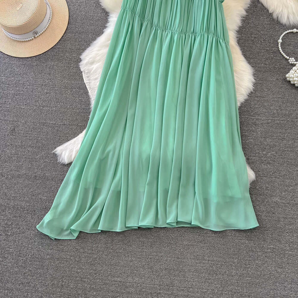 Fashionable high-end feeling light luxury socialite temperament hanging neck off shoulder loose A-line chiffon dress seaside vacation long dress