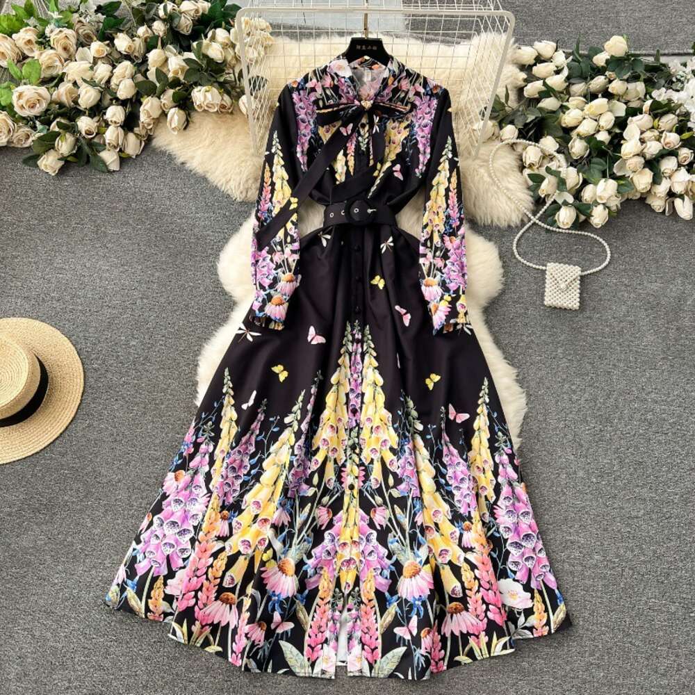 French court style dress high-end socialite bow neckline buckle slim fit long printed and elegant dress