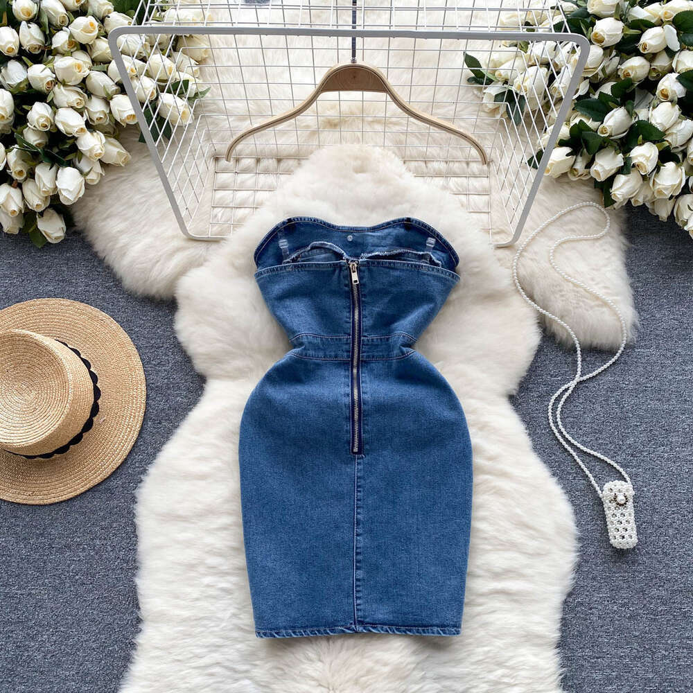 Denim buttocks skirt summer new sexy off shoulder slim fit short and niche design single breasted dress trend