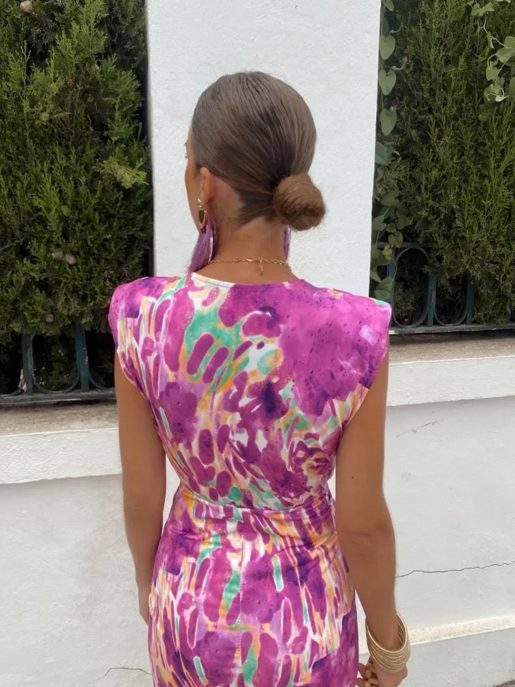 Women Fashion Printed Splited Midi Dress Sexy Deep V Neck Sleeveless Pleated Vestidos Summer Elegant Lady Party Dresses 240603