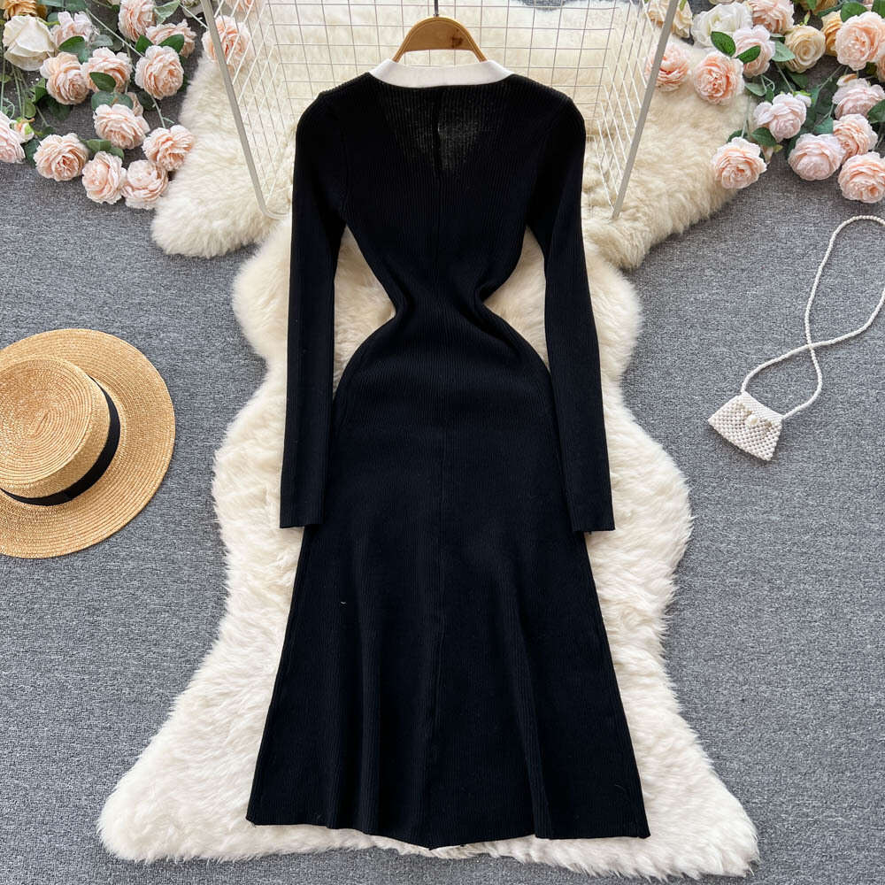 Autumn and Winter 2022 New Hepburn Style Slim Knitted Dress with Light Mature Style Medium Long Contrast Sweater Dress