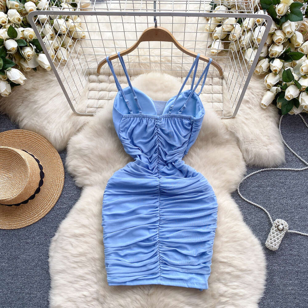 Nightclub womens clothing scheming pleated slim fitting short sexy buttocks wrapped skirt elastic mesh wrapped skirt suspender dress for women