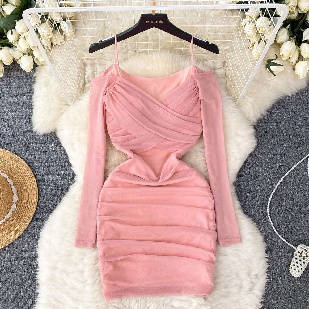 French Light Luxury Hanging Strap Mesh Dress for Womens Summer Design Sensibility Small Crowd Slim Waist Pure Desire Spicy Girls Hip Wrap Skirt