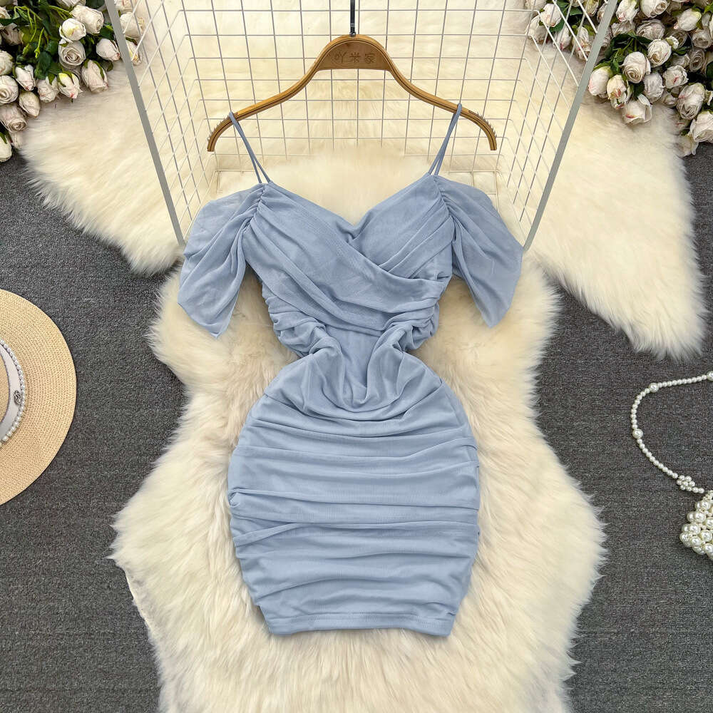 Summer Korean Fashion Sexy Nightclub V-Neck Waist Slim Fold Short Mesh Wrap Hip Strap Dress for Women
