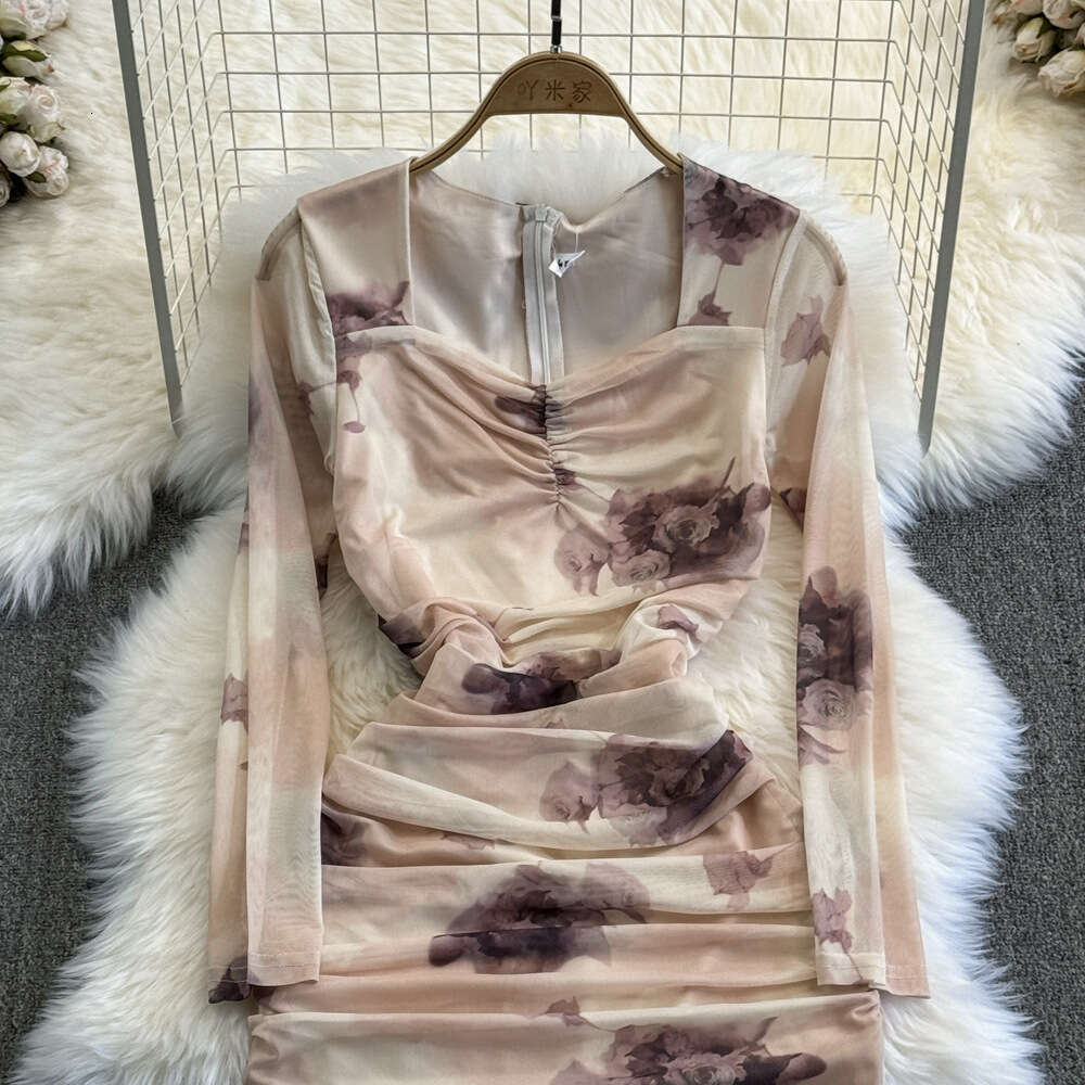 Spring and Autumn Womens Charm Celebrity Style Long sleeved Square Neck Closed Waist Slim Look Mid length Split Wrap Hip Mesh Dress