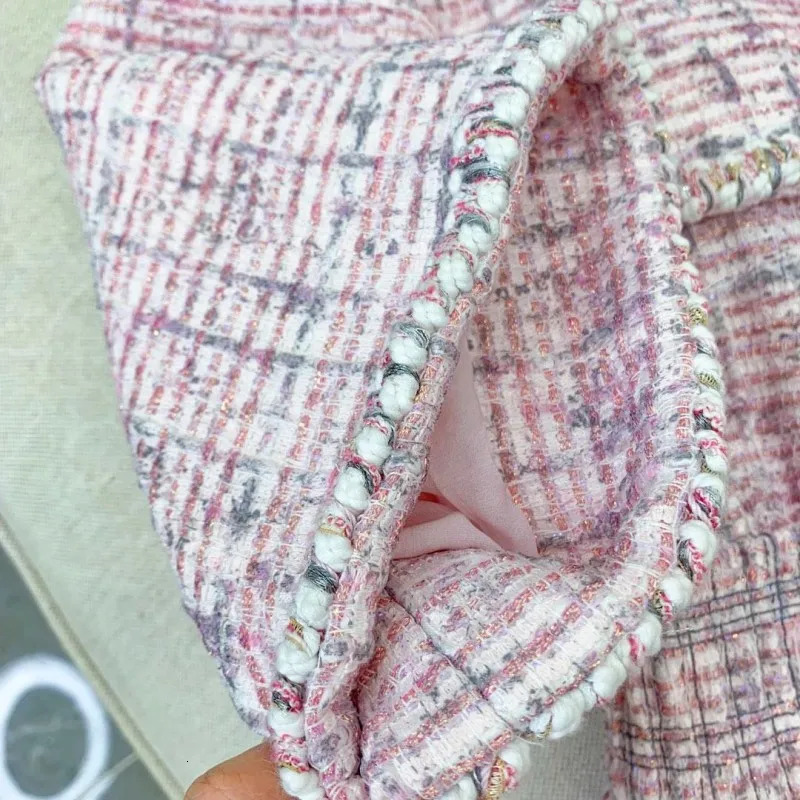 Autumn Women High Quality Tweed Short Dress Jacket Slim Waist Pocket Elegant Vintage Pink Single Breasted Dress Female S-L 240529